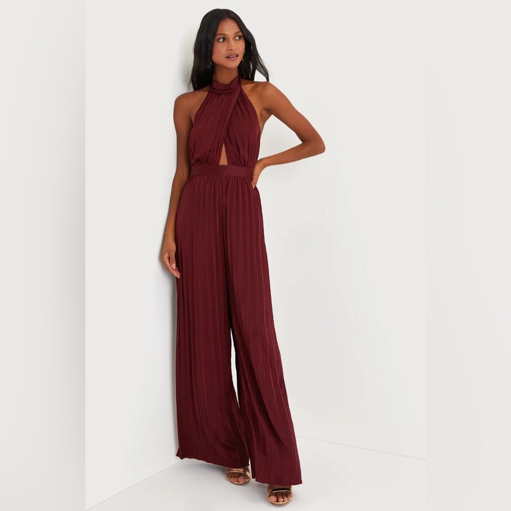Lulus Confident Impression Burgundy Satin Pleated Halter Jumpsuit